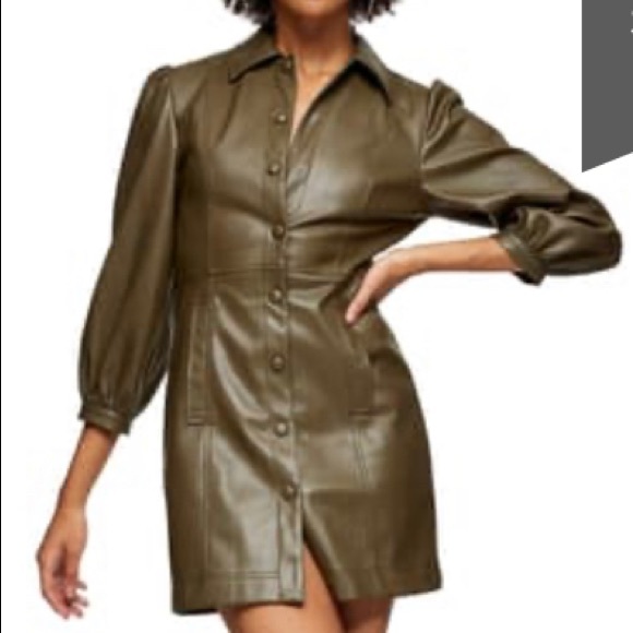 Topshop Long Sleeve Faux Leather Shirtdress, Size 2 US (Fits Like 0) - Olive at Nordstrom Rack